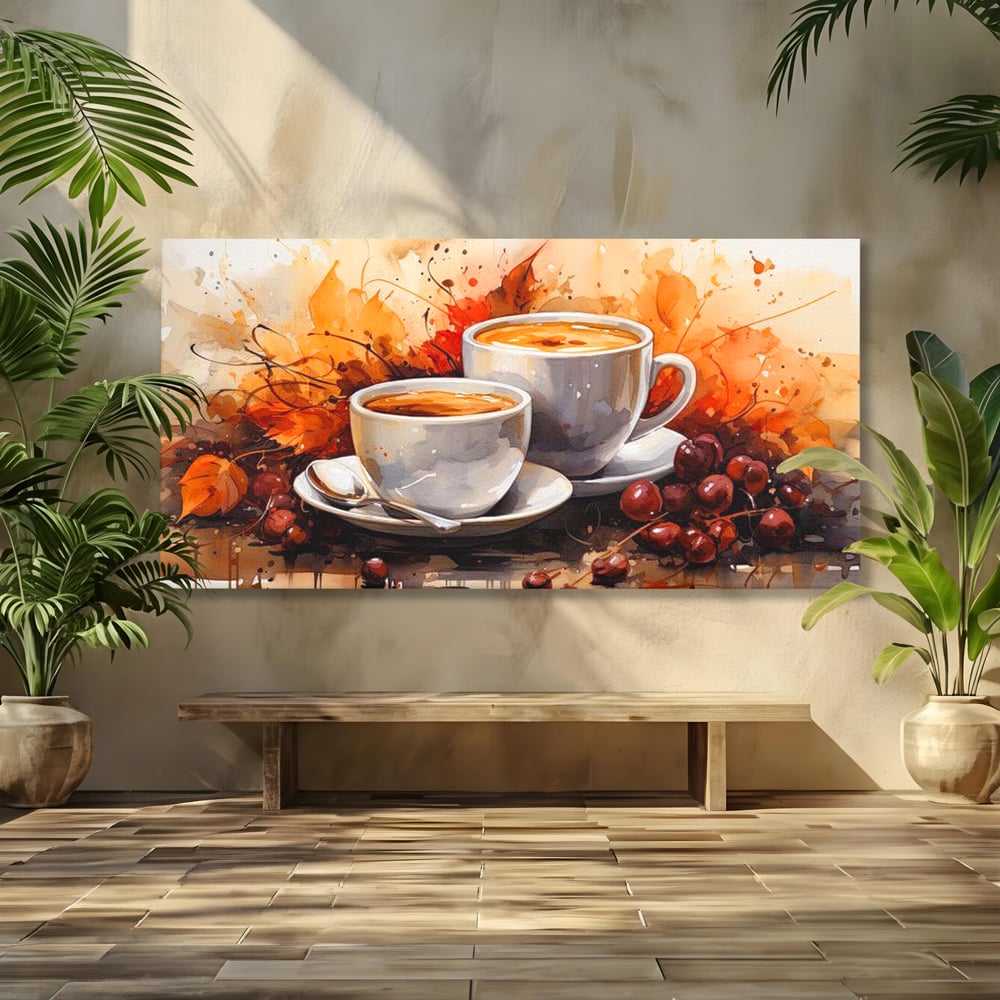 Tablou Canvas Premium, LuxCanva® N1007, Poveste la Cafea, Cesti, Lingurita, Toamna, Frunze, Dimineata, Cappuccino, Savoare, Bar, Cafenea, Restaurant, Bucatarie