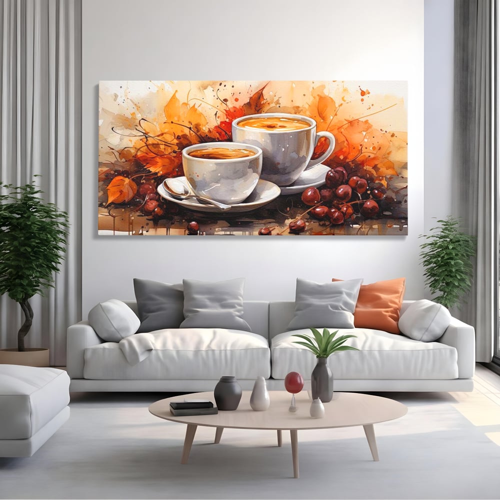 Tablou Canvas Premium, LuxCanva® N1007, Poveste la Cafea, Cesti, Lingurita, Toamna, Frunze, Dimineata, Cappuccino, Savoare, Bar, Cafenea, Restaurant, Bucatarie