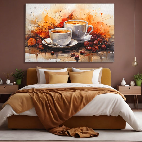 Tablou Canvas Premium, LuxCanva® N1007, Poveste la Cafea, Cesti, Lingurita, Toamna, Frunze, Dimineata, Cappuccino, Savoare, Bar, Cafenea, Restaurant, Bucatarie