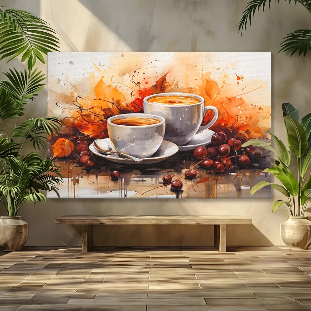 Tablou Canvas Premium, LuxCanva® N1007, Poveste la Cafea, Cesti, Lingurita, Toamna, Frunze, Dimineata, Cappuccino, Savoare, Bar, Cafenea, Restaurant, Bucatarie