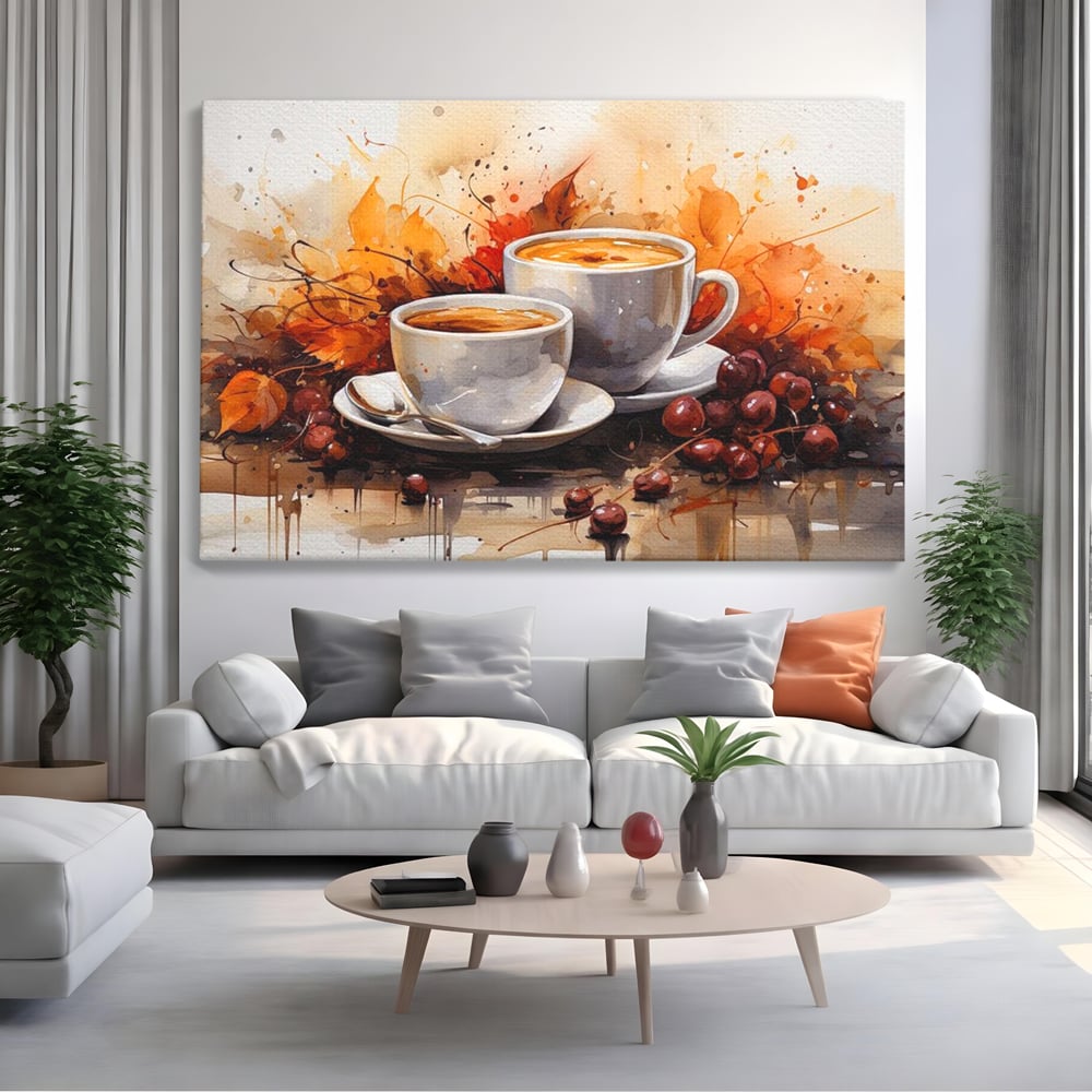 Tablou Canvas Premium, LuxCanva® N1007, Poveste la Cafea, Cesti, Lingurita, Toamna, Frunze, Dimineata, Cappuccino, Savoare, Bar, Cafenea, Restaurant, Bucatarie