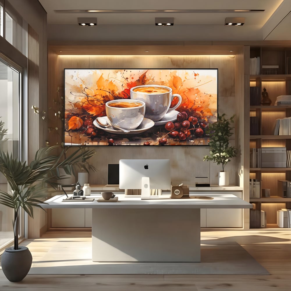 Tablou Canvas Premium, LuxCanva® N1007, Poveste la Cafea, Cesti, Lingurita, Toamna, Frunze, Dimineata, Cappuccino, Savoare, Bar, Cafenea, Restaurant, Bucatarie