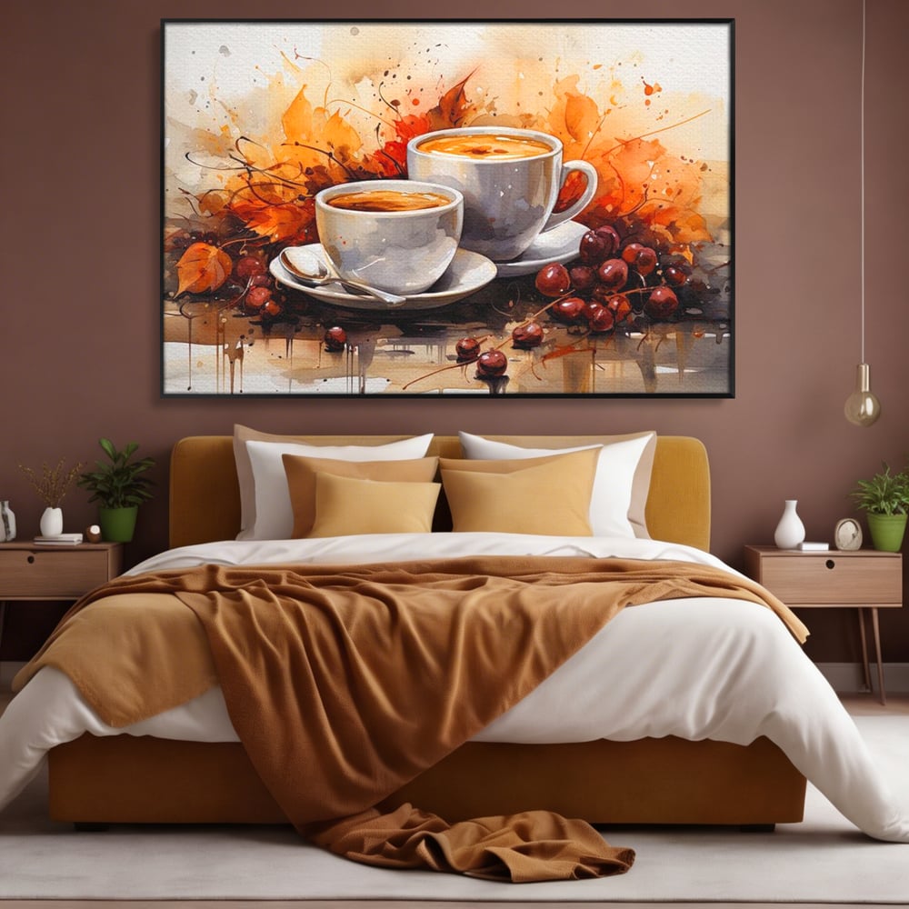 Tablou Canvas Premium, LuxCanva® N1007, Poveste la Cafea, Cesti, Lingurita, Toamna, Frunze, Dimineata, Cappuccino, Savoare, Bar, Cafenea, Restaurant, Bucatarie