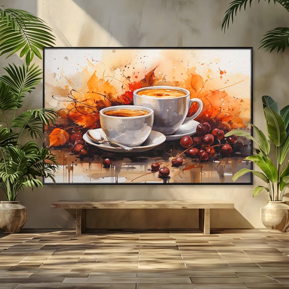 Tablou Canvas Premium, LuxCanva® N1007, Poveste la Cafea, Cesti, Lingurita, Toamna, Frunze, Dimineata, Cappuccino, Savoare, Bar, Cafenea, Restaurant, Bucatarie