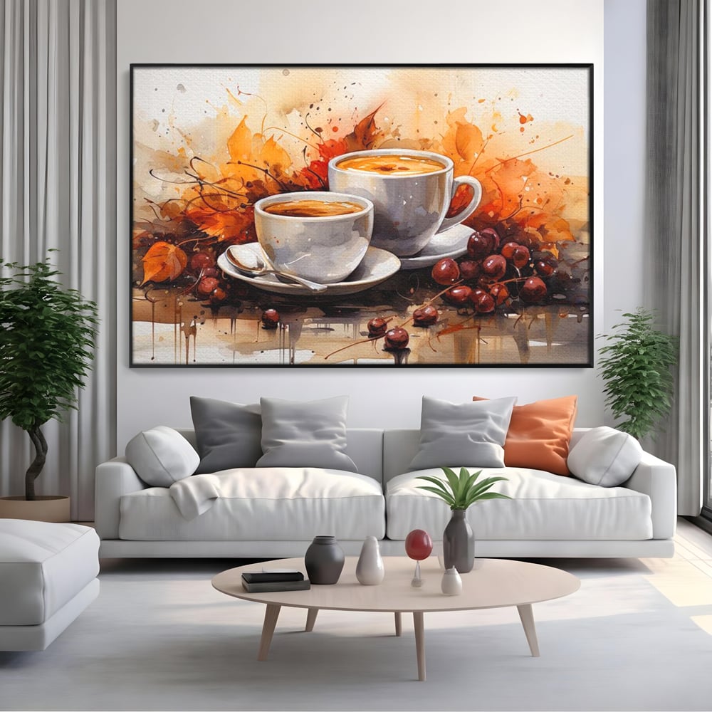 Tablou Canvas Premium, LuxCanva® N1007, Poveste la Cafea, Cesti, Lingurita, Toamna, Frunze, Dimineata, Cappuccino, Savoare, Bar, Cafenea, Restaurant, Bucatarie