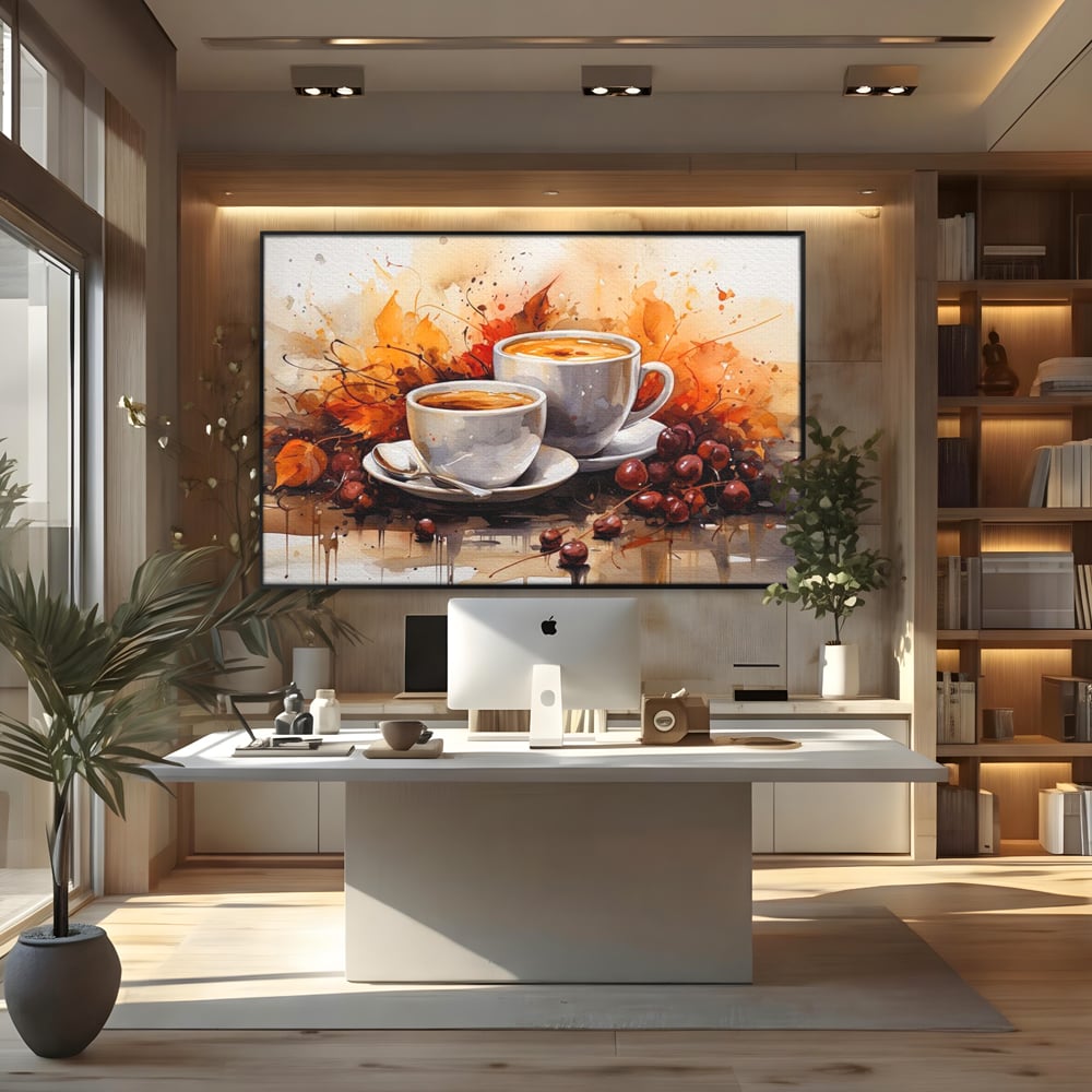 Tablou Canvas Premium, LuxCanva® N1007, Poveste la Cafea, Cesti, Lingurita, Toamna, Frunze, Dimineata, Cappuccino, Savoare, Bar, Cafenea, Restaurant, Bucatarie