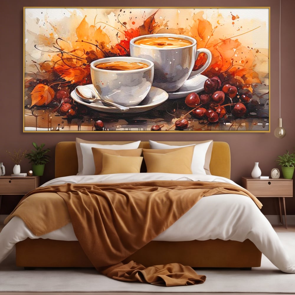 Tablou Canvas Premium, LuxCanva® N1007, Poveste la Cafea, Cesti, Lingurita, Toamna, Frunze, Dimineata, Cappuccino, Savoare, Bar, Cafenea, Restaurant, Bucatarie