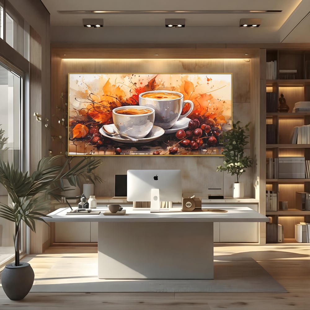 Tablou Canvas Premium, LuxCanva® N1007, Poveste la Cafea, Cesti, Lingurita, Toamna, Frunze, Dimineata, Cappuccino, Savoare, Bar, Cafenea, Restaurant, Bucatarie