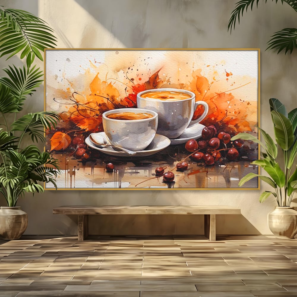 Tablou Canvas Premium, LuxCanva® N1007, Poveste la Cafea, Cesti, Lingurita, Toamna, Frunze, Dimineata, Cappuccino, Savoare, Bar, Cafenea, Restaurant, Bucatarie