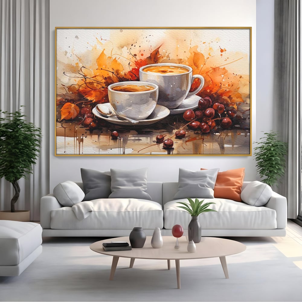 Tablou Canvas Premium, LuxCanva® N1007, Poveste la Cafea, Cesti, Lingurita, Toamna, Frunze, Dimineata, Cappuccino, Savoare, Bar, Cafenea, Restaurant, Bucatarie
