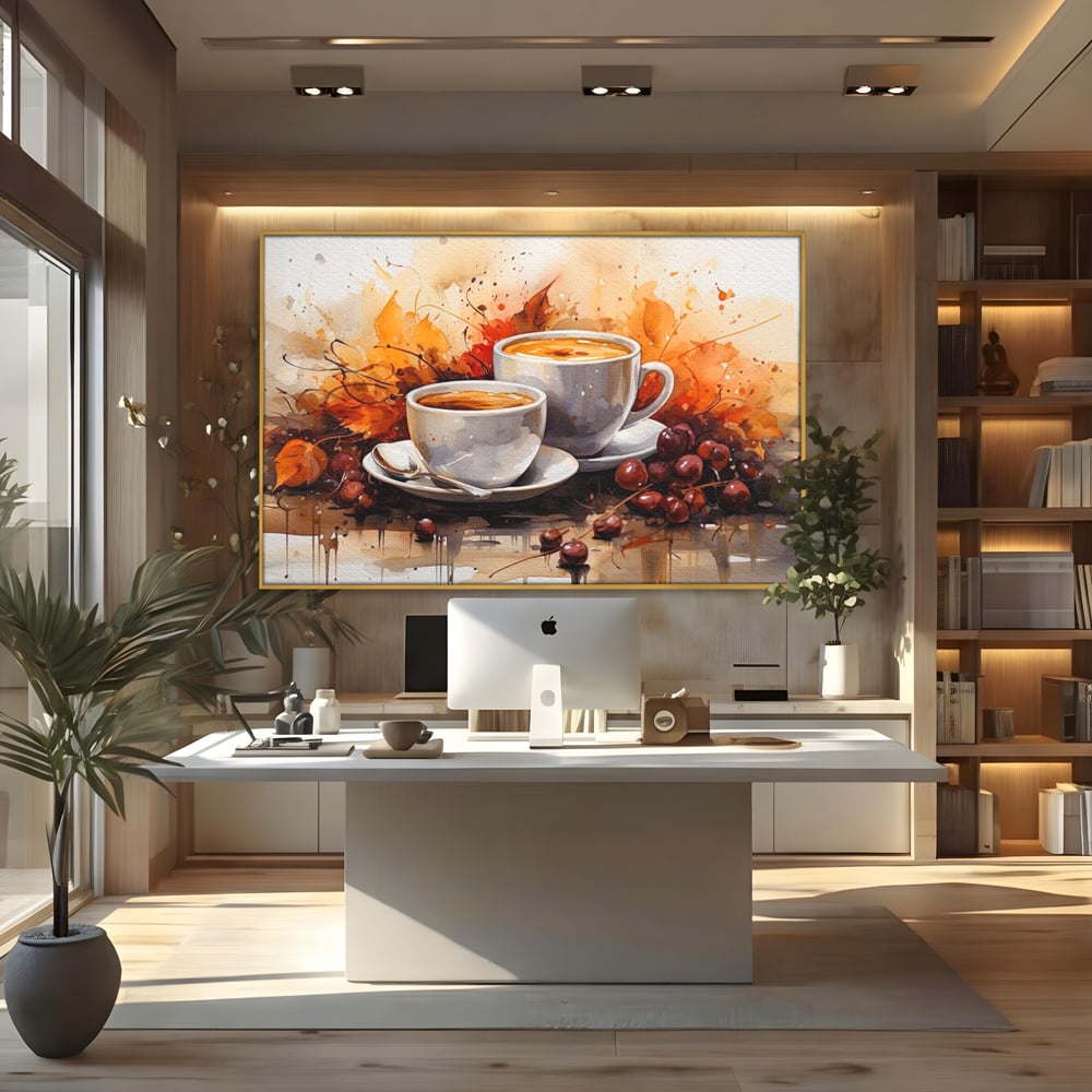 Tablou Canvas Premium, LuxCanva® N1007, Poveste la Cafea, Cesti, Lingurita, Toamna, Frunze, Dimineata, Cappuccino, Savoare, Bar, Cafenea, Restaurant, Bucatarie