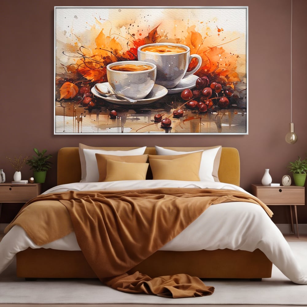 Tablou Canvas Premium, LuxCanva® N1007, Poveste la Cafea, Cesti, Lingurita, Toamna, Frunze, Dimineata, Cappuccino, Savoare, Bar, Cafenea, Restaurant, Bucatarie