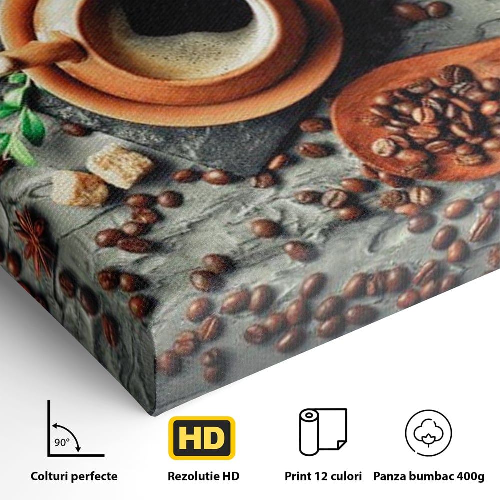 Tablou Canvas Premium, LuxCanva® N1008, Dimineti Aromate, Espresso, Boabe, Cafea, Ceasca, Scortisoara, Aroma, Savoare, Traditie, Lemn, Cafenea, Restaurant, Bucatarie