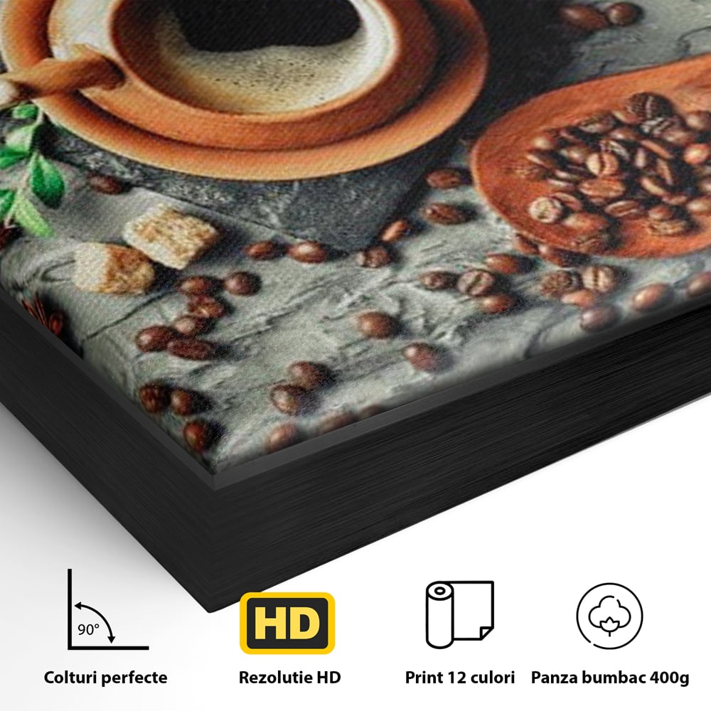 Tablou Canvas Premium, LuxCanva® N1008, Dimineti Aromate, Espresso, Boabe, Cafea, Ceasca, Scortisoara, Aroma, Savoare, Traditie, Lemn, Cafenea, Restaurant, Bucatarie