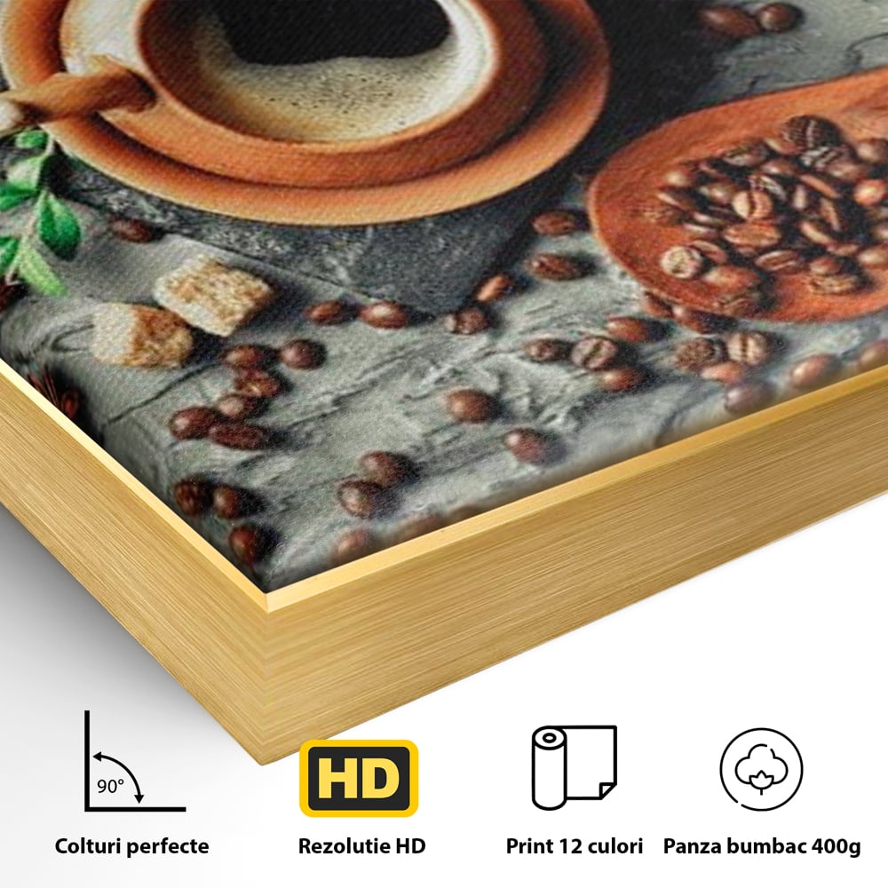 Tablou Canvas Premium, LuxCanva® N1008, Dimineti Aromate, Espresso, Boabe, Cafea, Ceasca, Scortisoara, Aroma, Savoare, Traditie, Lemn, Cafenea, Restaurant, Bucatarie