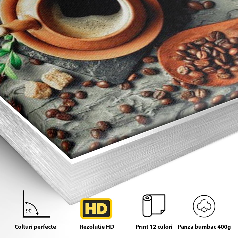 Tablou Canvas Premium, LuxCanva® N1008, Dimineti Aromate, Espresso, Boabe, Cafea, Ceasca, Scortisoara, Aroma, Savoare, Traditie, Lemn, Cafenea, Restaurant, Bucatarie