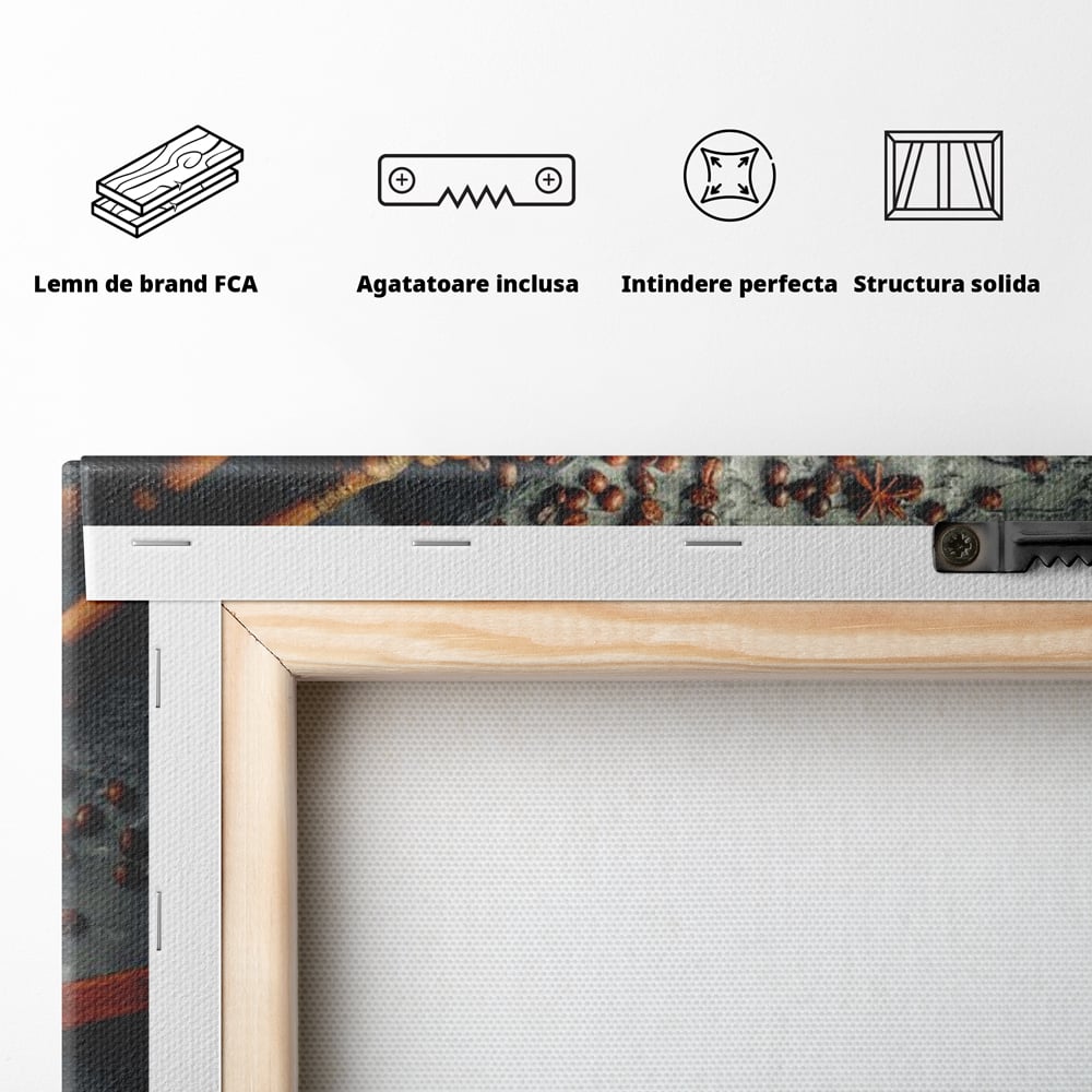 Tablou Canvas Premium, LuxCanva® N1008, Dimineti Aromate, Espresso, Boabe, Cafea, Ceasca, Scortisoara, Aroma, Savoare, Traditie, Lemn, Cafenea, Restaurant, Bucatarie