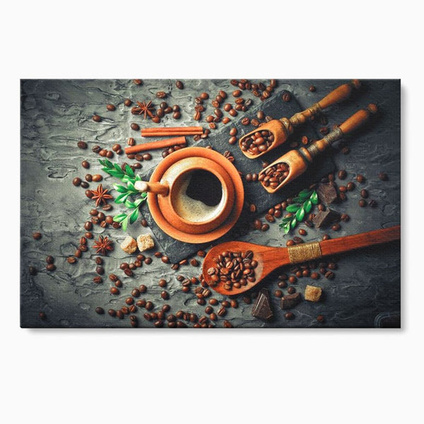 Tablou Canvas Premium, LuxCanva® N1008, Dimineti Aromate, Espresso, Boabe, Cafea, Ceasca, Scortisoara, Aroma, Savoare, Traditie, Lemn, Cafenea, Restaurant, Bucatarie