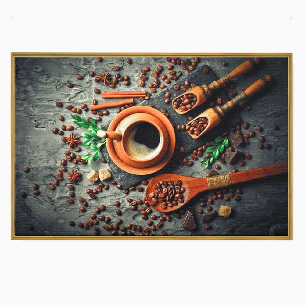 Tablou Canvas Premium, LuxCanva® N1008, Dimineti Aromate, Espresso, Boabe, Cafea, Ceasca, Scortisoara, Aroma, Savoare, Traditie, Lemn, Cafenea, Restaurant, Bucatarie