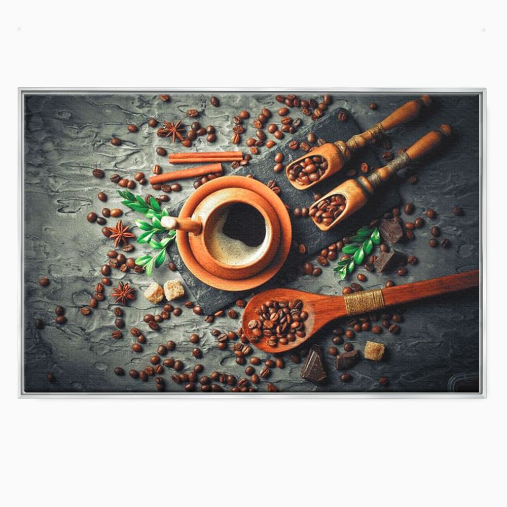 Tablou Canvas Premium, LuxCanva® N1008, Dimineti Aromate, Espresso, Boabe, Cafea, Ceasca, Scortisoara, Aroma, Savoare, Traditie, Lemn, Cafenea, Restaurant, Bucatarie