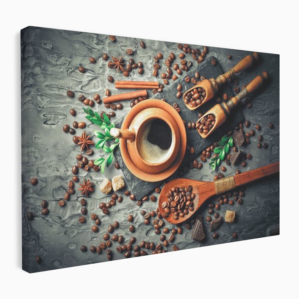 Tablou Canvas Premium, LuxCanva® N1008, Dimineti Aromate, Espresso, Boabe, Cafea, Ceasca, Scortisoara, Aroma, Savoare, Traditie, Lemn, Cafenea, Restaurant, Bucatarie