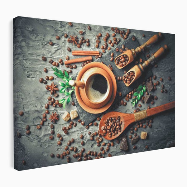 Tablou Canvas Premium, LuxCanva® N1008, Dimineti Aromate, Espresso, Boabe, Cafea, Ceasca, Scortisoara, Aroma, Savoare, Traditie, Lemn, Cafenea, Restaurant, Bucatarie