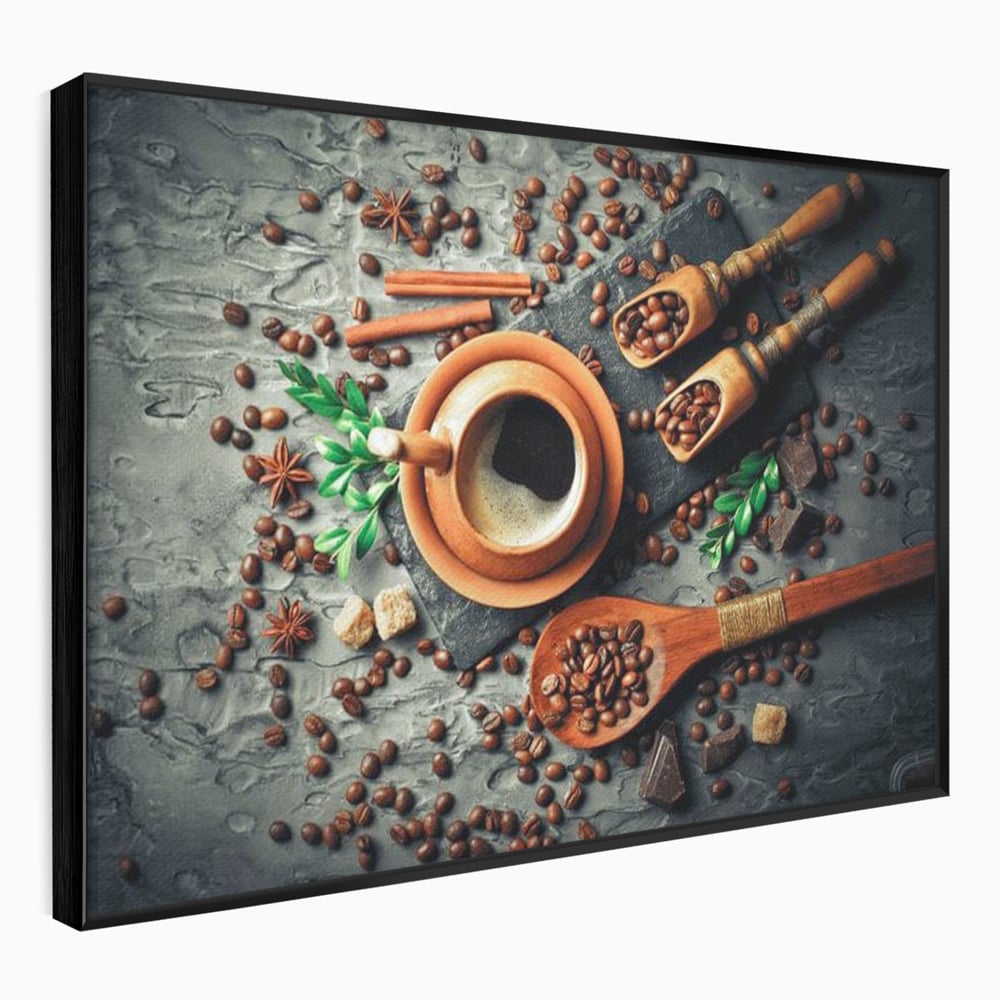 Tablou Canvas Premium, LuxCanva® N1008, Dimineti Aromate, Espresso, Boabe, Cafea, Ceasca, Scortisoara, Aroma, Savoare, Traditie, Lemn, Cafenea, Restaurant, Bucatarie