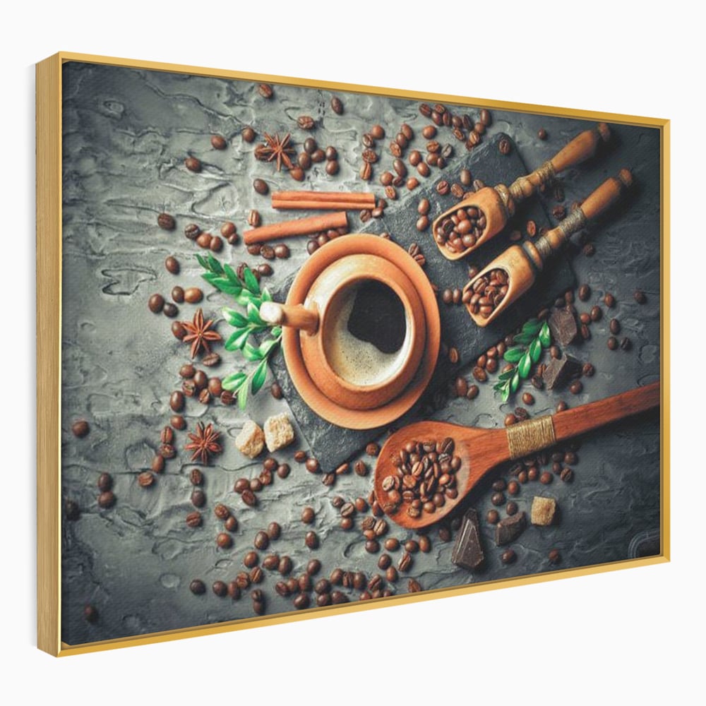 Tablou Canvas Premium, LuxCanva® N1008, Dimineti Aromate, Espresso, Boabe, Cafea, Ceasca, Scortisoara, Aroma, Savoare, Traditie, Lemn, Cafenea, Restaurant, Bucatarie
