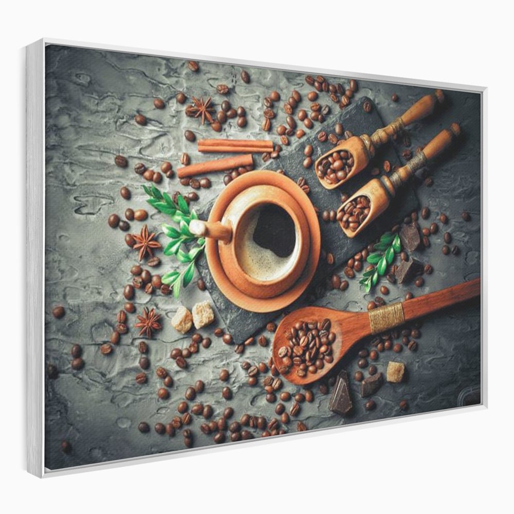 Tablou Canvas Premium, LuxCanva® N1008, Dimineti Aromate, Espresso, Boabe, Cafea, Ceasca, Scortisoara, Aroma, Savoare, Traditie, Lemn, Cafenea, Restaurant, Bucatarie