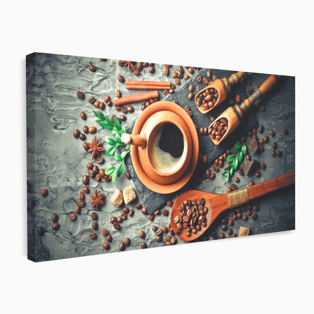 Tablou Canvas Premium, LuxCanva® N1008, Dimineti Aromate, Espresso, Boabe, Cafea, Ceasca, Scortisoara, Aroma, Savoare, Traditie, Lemn, Cafenea, Restaurant, Bucatarie
