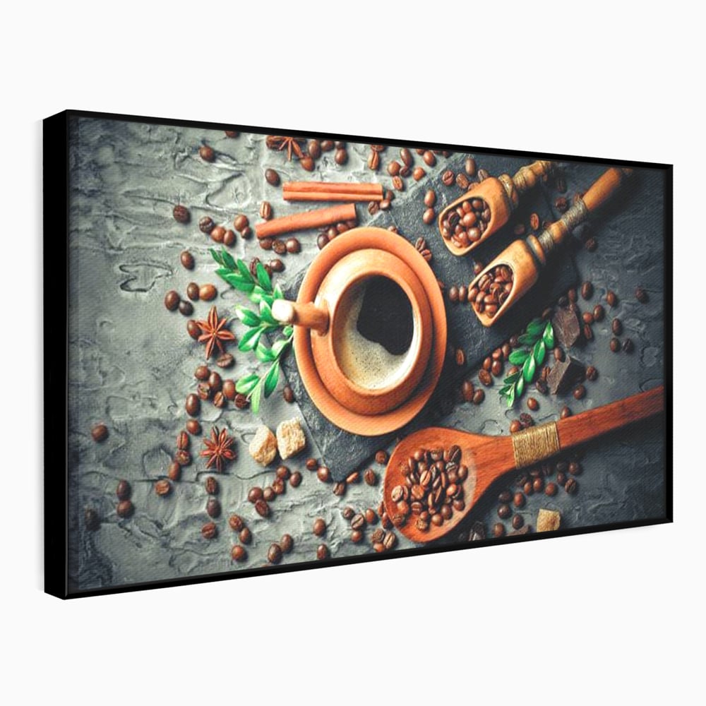 Tablou Canvas Premium, LuxCanva® N1008, Dimineti Aromate, Espresso, Boabe, Cafea, Ceasca, Scortisoara, Aroma, Savoare, Traditie, Lemn, Cafenea, Restaurant, Bucatarie