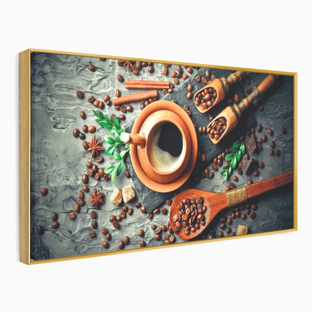 Tablou Canvas Premium, LuxCanva® N1008, Dimineti Aromate, Espresso, Boabe, Cafea, Ceasca, Scortisoara, Aroma, Savoare, Traditie, Lemn, Cafenea, Restaurant, Bucatarie