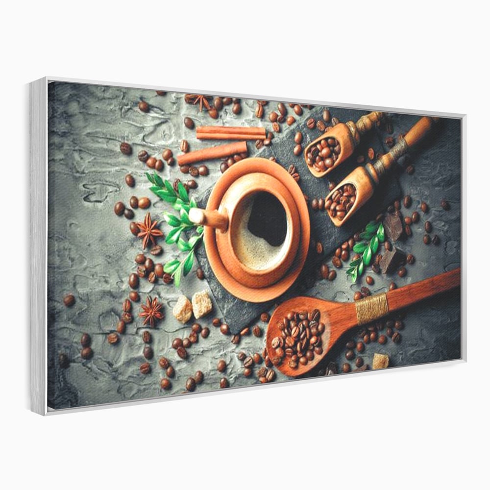 Tablou Canvas Premium, LuxCanva® N1008, Dimineti Aromate, Espresso, Boabe, Cafea, Ceasca, Scortisoara, Aroma, Savoare, Traditie, Lemn, Cafenea, Restaurant, Bucatarie