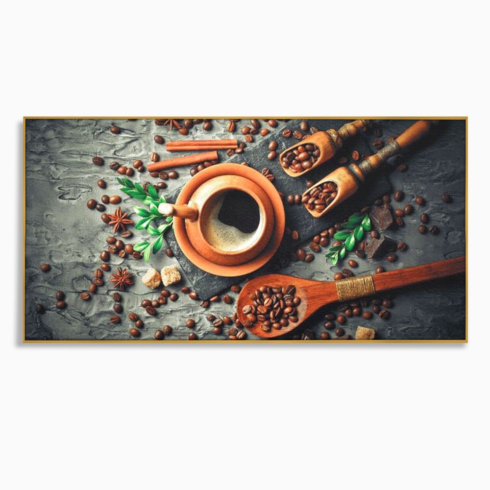Tablou Canvas Premium, LuxCanva® N1008, Dimineti Aromate, Espresso, Boabe, Cafea, Ceasca, Scortisoara, Aroma, Savoare, Traditie, Lemn, Cafenea, Restaurant, Bucatarie