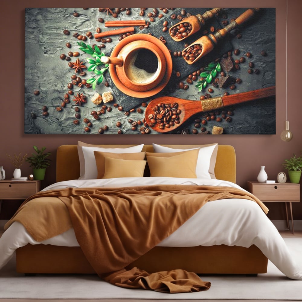 Tablou Canvas Premium, LuxCanva® N1008, Dimineti Aromate, Espresso, Boabe, Cafea, Ceasca, Scortisoara, Aroma, Savoare, Traditie, Lemn, Cafenea, Restaurant, Bucatarie