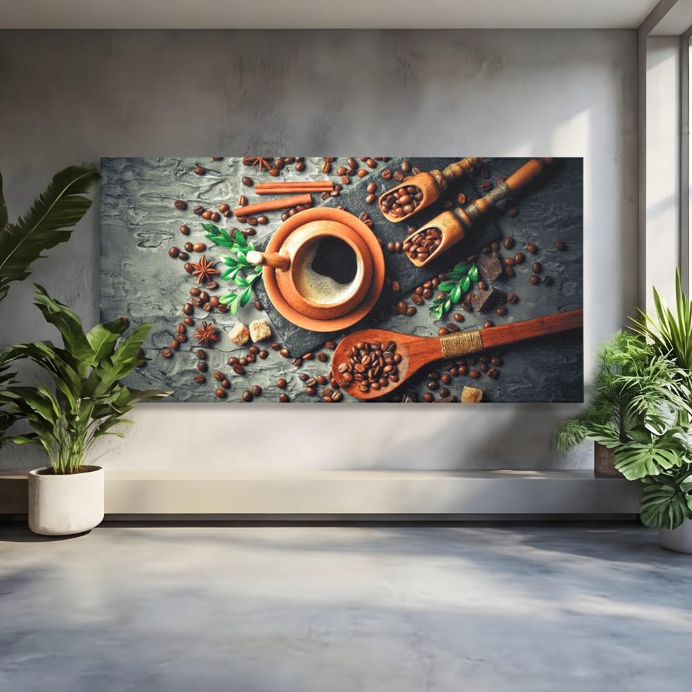 Tablou Canvas Premium, LuxCanva® N1008, Dimineti Aromate, Espresso, Boabe, Cafea, Ceasca, Scortisoara, Aroma, Savoare, Traditie, Lemn, Cafenea, Restaurant, Bucatarie