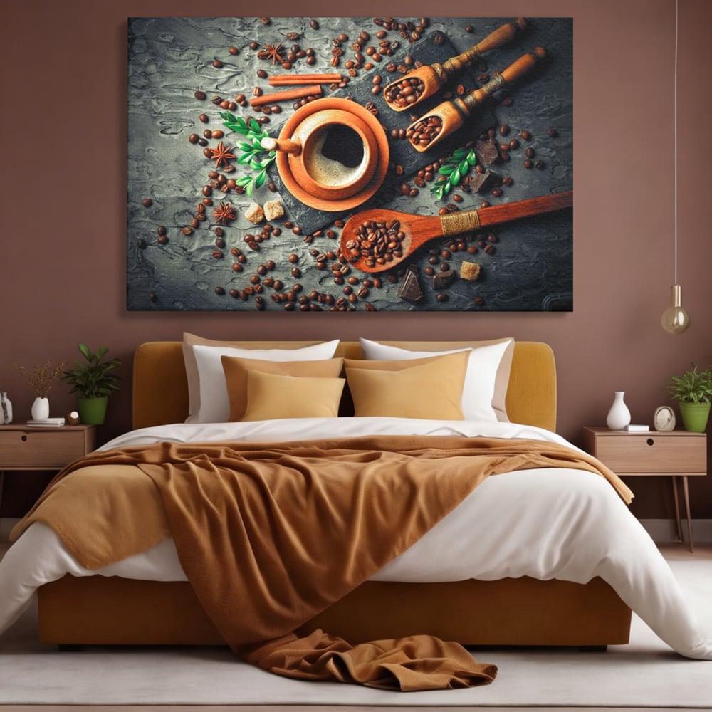 Tablou Canvas Premium, LuxCanva® N1008, Dimineti Aromate, Espresso, Boabe, Cafea, Ceasca, Scortisoara, Aroma, Savoare, Traditie, Lemn, Cafenea, Restaurant, Bucatarie
