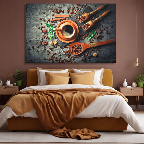 Tablou Canvas Premium, LuxCanva® N1008, Dimineti Aromate, Espresso, Boabe, Cafea, Ceasca, Scortisoara, Aroma, Savoare, Traditie, Lemn, Cafenea, Restaurant, Bucatarie
