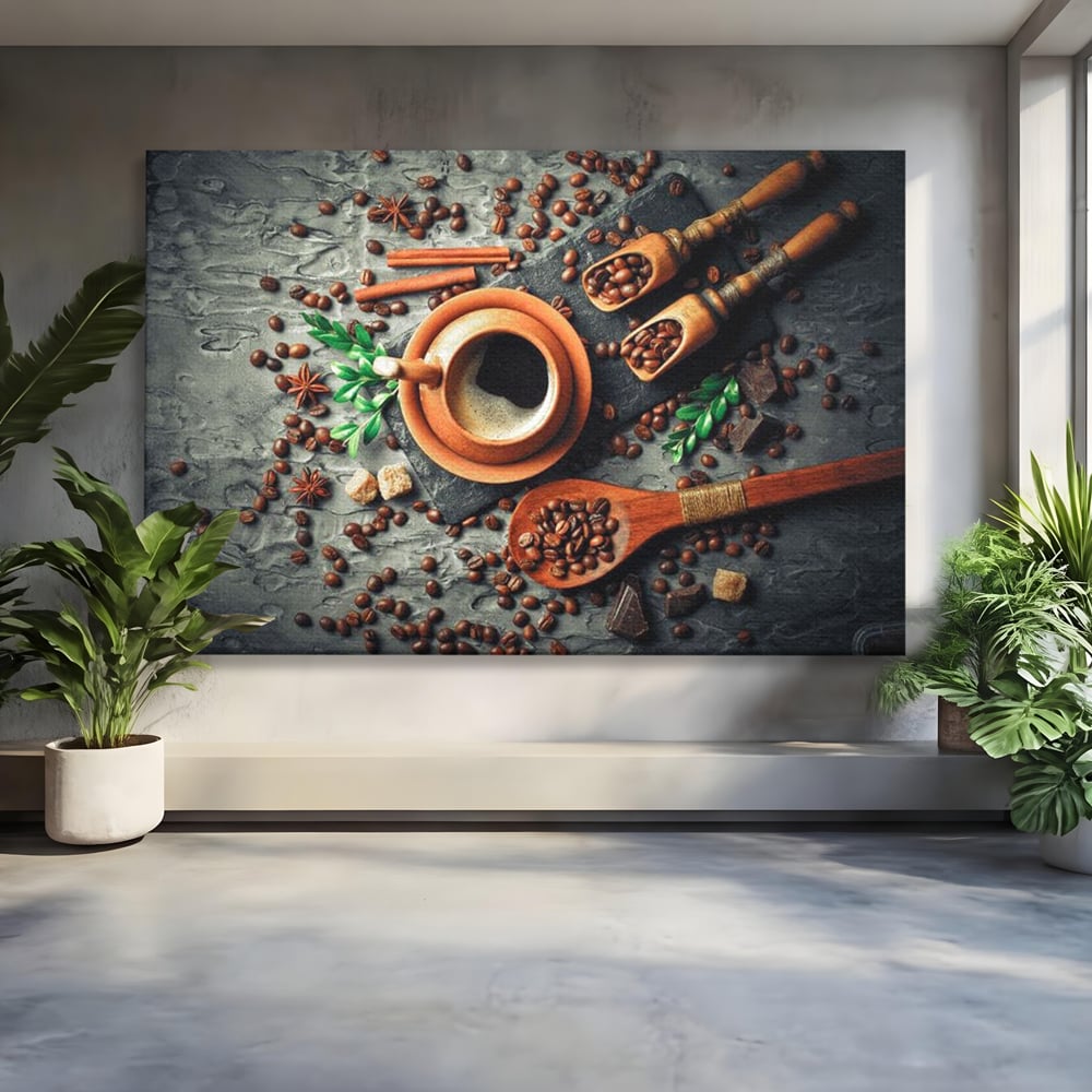 Tablou Canvas Premium, LuxCanva® N1008, Dimineti Aromate, Espresso, Boabe, Cafea, Ceasca, Scortisoara, Aroma, Savoare, Traditie, Lemn, Cafenea, Restaurant, Bucatarie