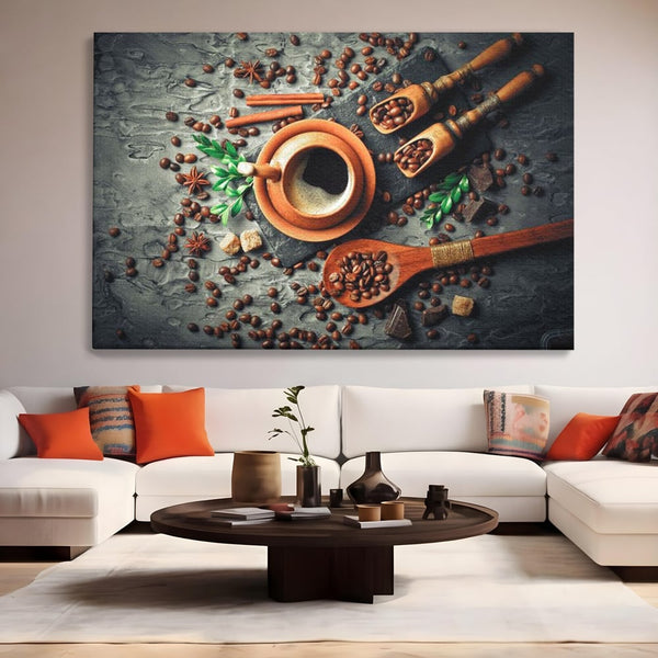 Tablou Canvas Premium, LuxCanva® N1008, Dimineti Aromate, Espresso, Boabe, Cafea, Ceasca, Scortisoara, Aroma, Savoare, Traditie, Lemn, Cafenea, Restaurant, Bucatarie