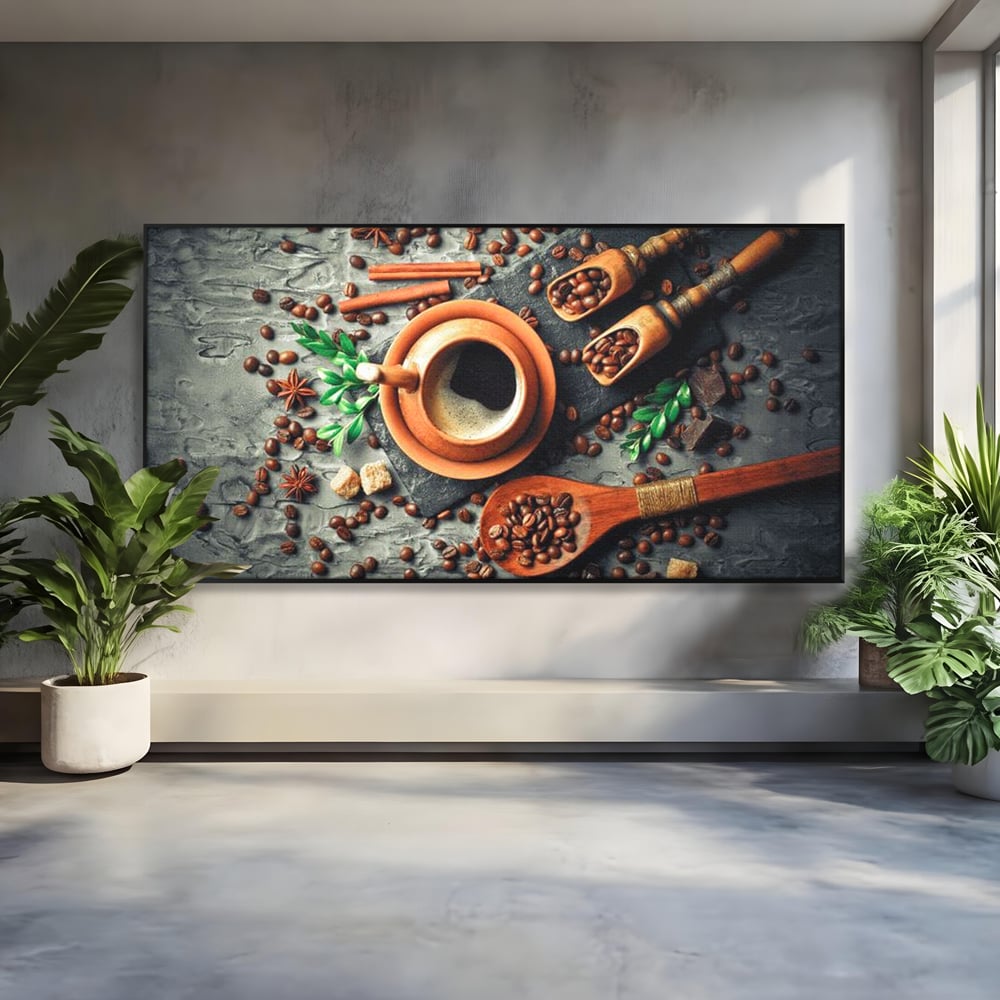 Tablou Canvas Premium, LuxCanva® N1008, Dimineti Aromate, Espresso, Boabe, Cafea, Ceasca, Scortisoara, Aroma, Savoare, Traditie, Lemn, Cafenea, Restaurant, Bucatarie