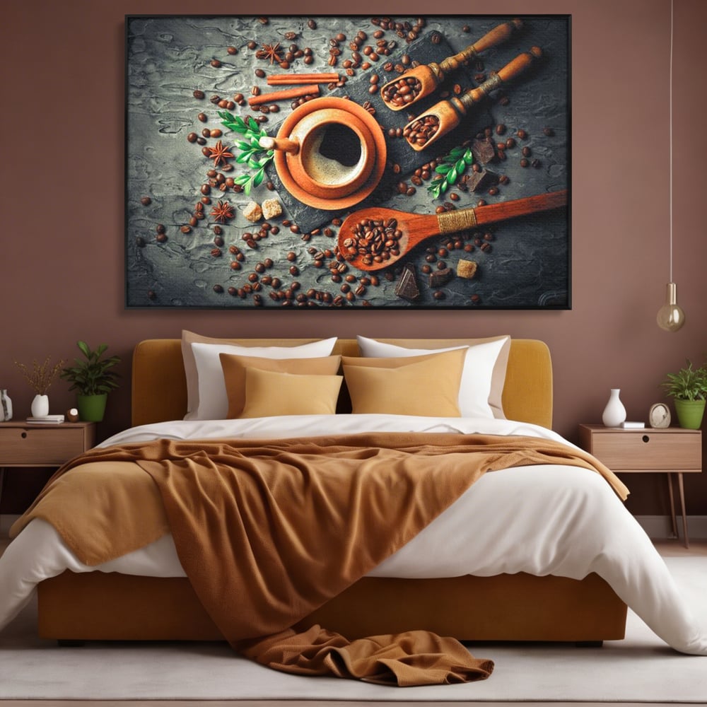 Tablou Canvas Premium, LuxCanva® N1008, Dimineti Aromate, Espresso, Boabe, Cafea, Ceasca, Scortisoara, Aroma, Savoare, Traditie, Lemn, Cafenea, Restaurant, Bucatarie