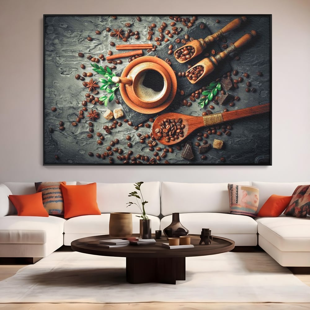 Tablou Canvas Premium, LuxCanva® N1008, Dimineti Aromate, Espresso, Boabe, Cafea, Ceasca, Scortisoara, Aroma, Savoare, Traditie, Lemn, Cafenea, Restaurant, Bucatarie