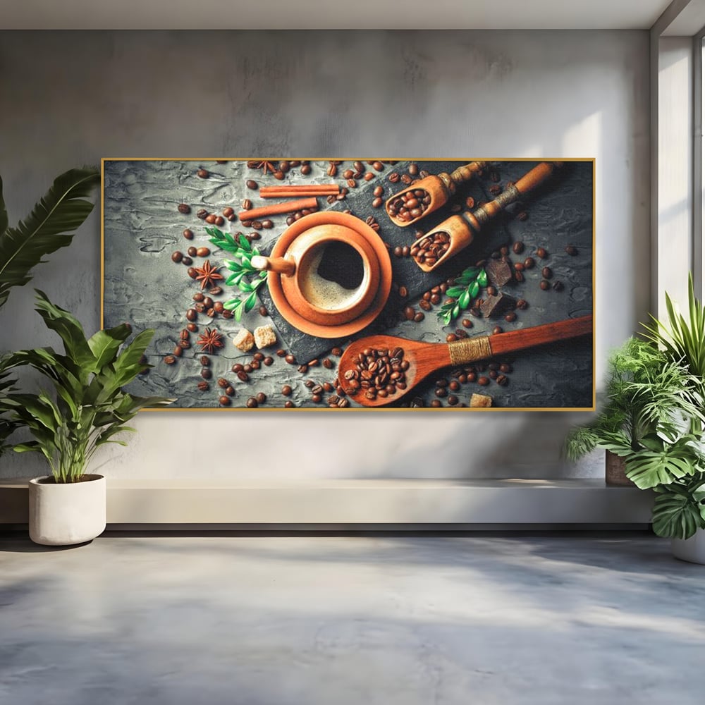 Tablou Canvas Premium, LuxCanva® N1008, Dimineti Aromate, Espresso, Boabe, Cafea, Ceasca, Scortisoara, Aroma, Savoare, Traditie, Lemn, Cafenea, Restaurant, Bucatarie