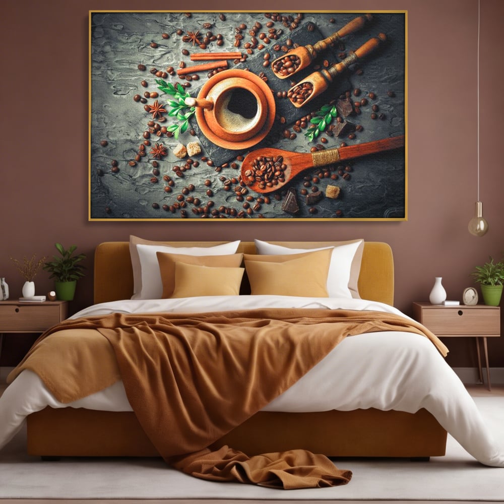 Tablou Canvas Premium, LuxCanva® N1008, Dimineti Aromate, Espresso, Boabe, Cafea, Ceasca, Scortisoara, Aroma, Savoare, Traditie, Lemn, Cafenea, Restaurant, Bucatarie