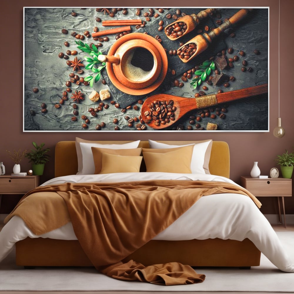 Tablou Canvas Premium, LuxCanva® N1008, Dimineti Aromate, Espresso, Boabe, Cafea, Ceasca, Scortisoara, Aroma, Savoare, Traditie, Lemn, Cafenea, Restaurant, Bucatarie
