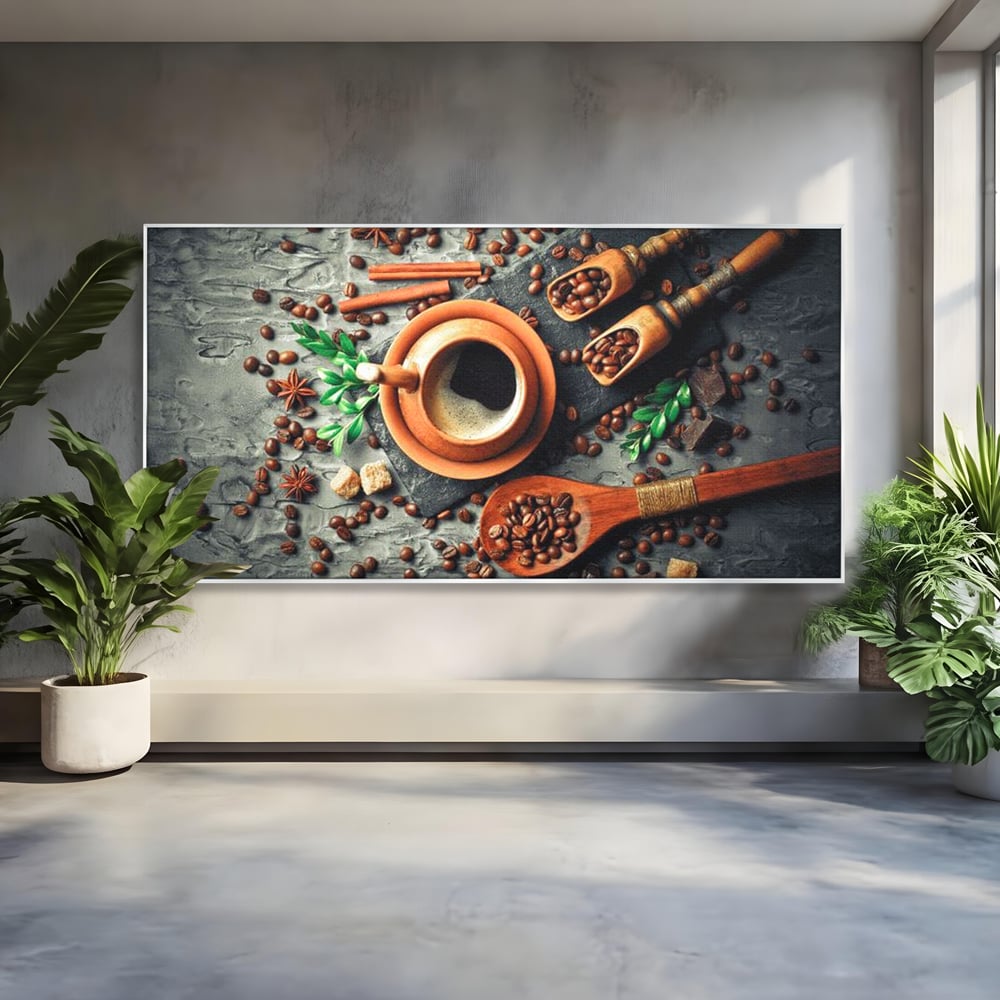 Tablou Canvas Premium, LuxCanva® N1008, Dimineti Aromate, Espresso, Boabe, Cafea, Ceasca, Scortisoara, Aroma, Savoare, Traditie, Lemn, Cafenea, Restaurant, Bucatarie