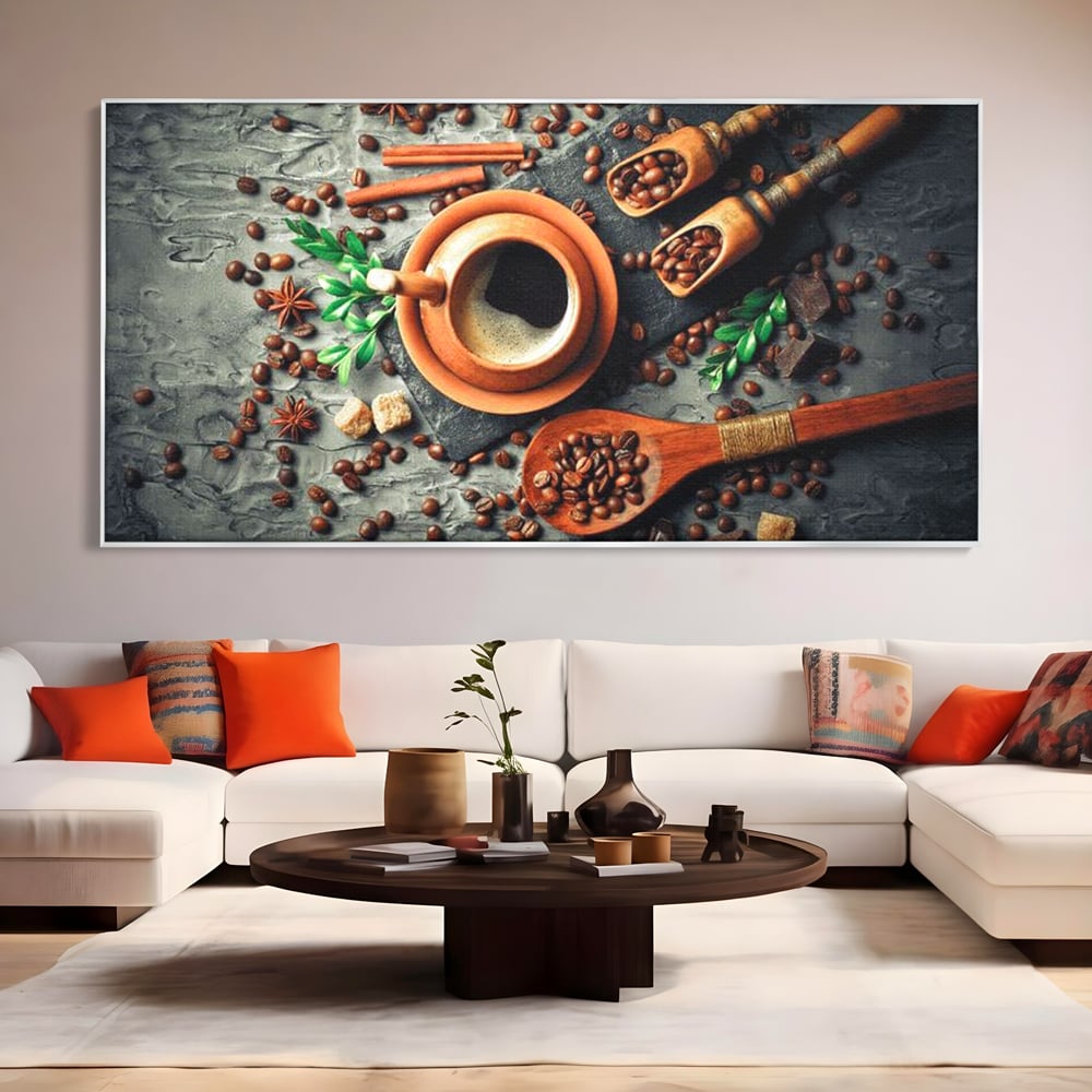 Tablou Canvas Premium, LuxCanva® N1008, Dimineti Aromate, Espresso, Boabe, Cafea, Ceasca, Scortisoara, Aroma, Savoare, Traditie, Lemn, Cafenea, Restaurant, Bucatarie