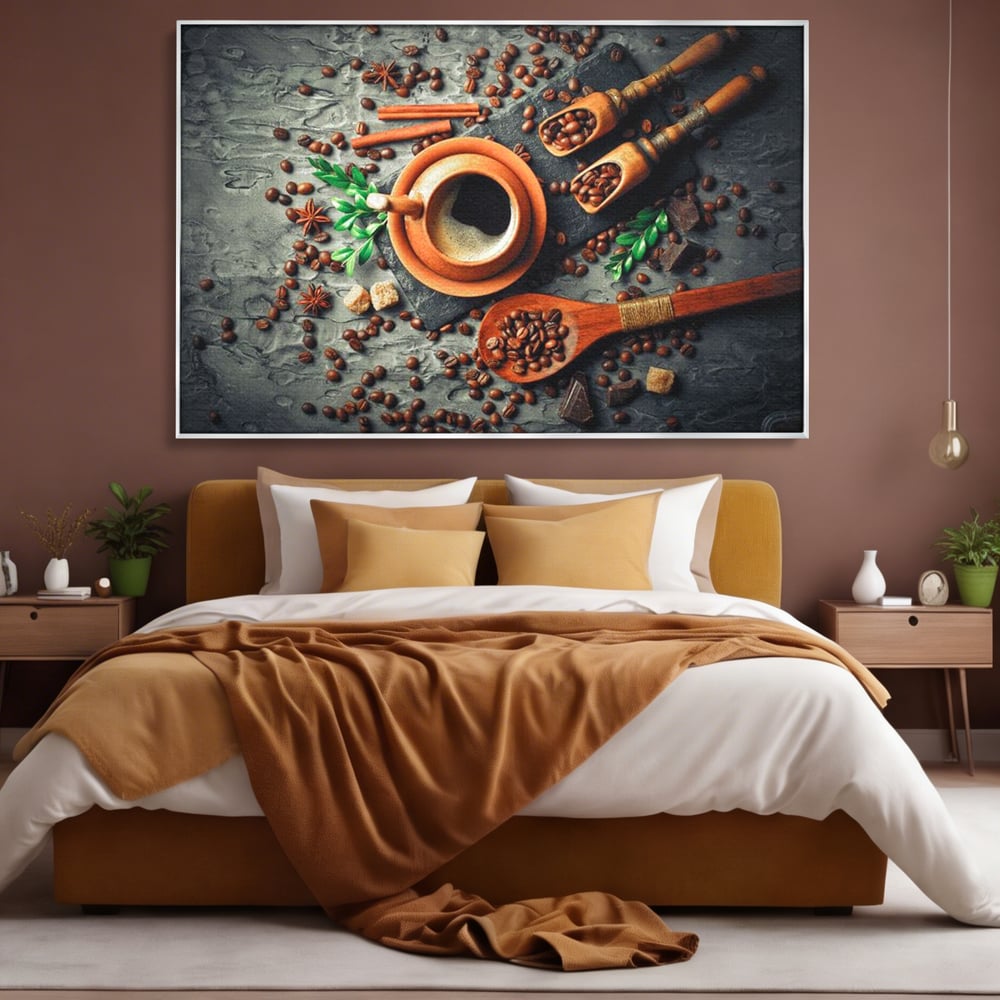 Tablou Canvas Premium, LuxCanva® N1008, Dimineti Aromate, Espresso, Boabe, Cafea, Ceasca, Scortisoara, Aroma, Savoare, Traditie, Lemn, Cafenea, Restaurant, Bucatarie