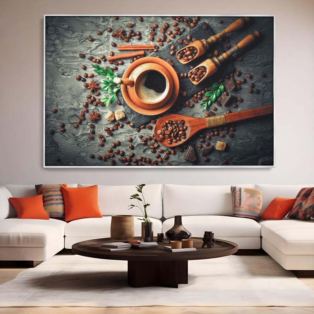 Tablou Canvas Premium, LuxCanva® N1008, Dimineti Aromate, Espresso, Boabe, Cafea, Ceasca, Scortisoara, Aroma, Savoare, Traditie, Lemn, Cafenea, Restaurant, Bucatarie